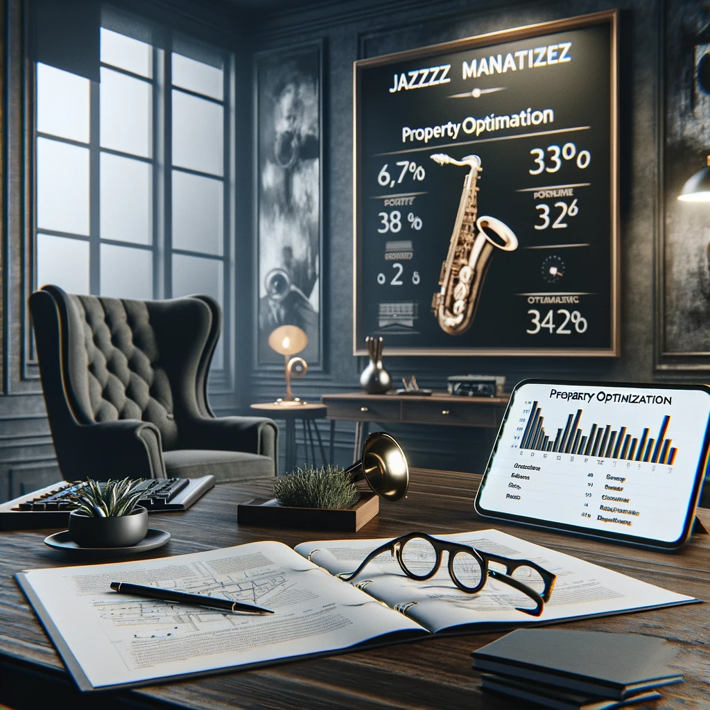 DALL·E 2024-01-18 23.11.58 - An image for 'Jazzkey Managements' focusing on property optimization. The scene should feature a sophisticated, jazz-inspired office with a more monoc